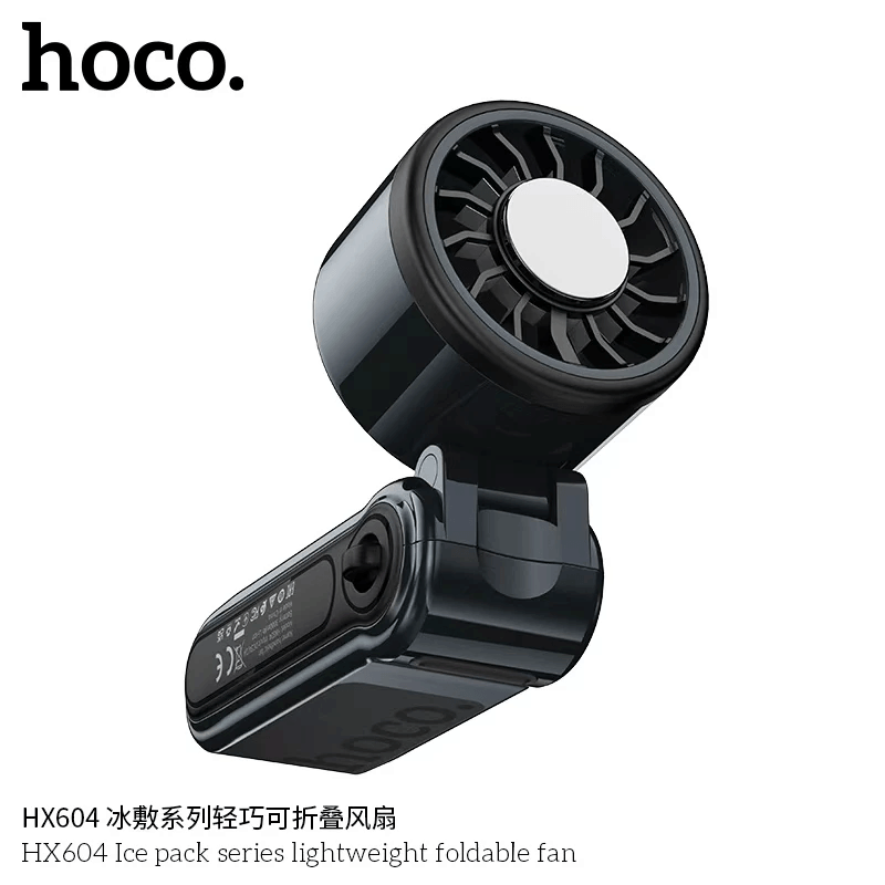 พัดลมพกพา HOCO HX604 สีดำ พร้อมแผ่นทำความเย็น พับได้ 90&deg; ความเร็วมอเตอร์ 10000 RPM แบตเตอรี่ 3000MAH